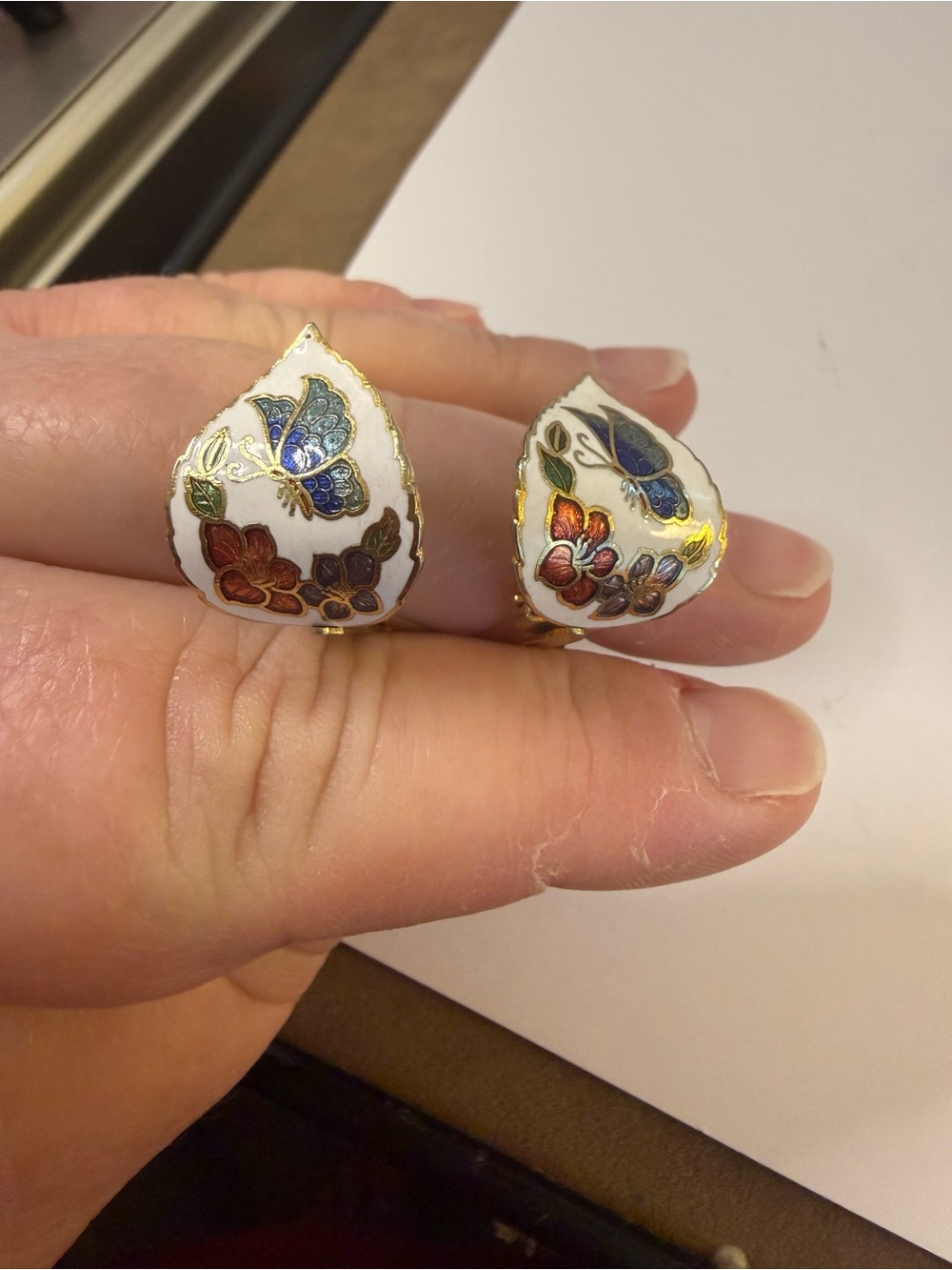 White Enamel Teardrop Butterfly Floral Clip-On Earrings